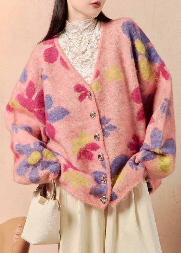 Stylish Pink V Neck Button Print Knit Cardigans Winter Fashion - Image 2