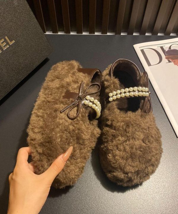 Leopard Faux Fur Stylish Splicing Nail Bead Flat Feet Shoes For Cheap - Image 4