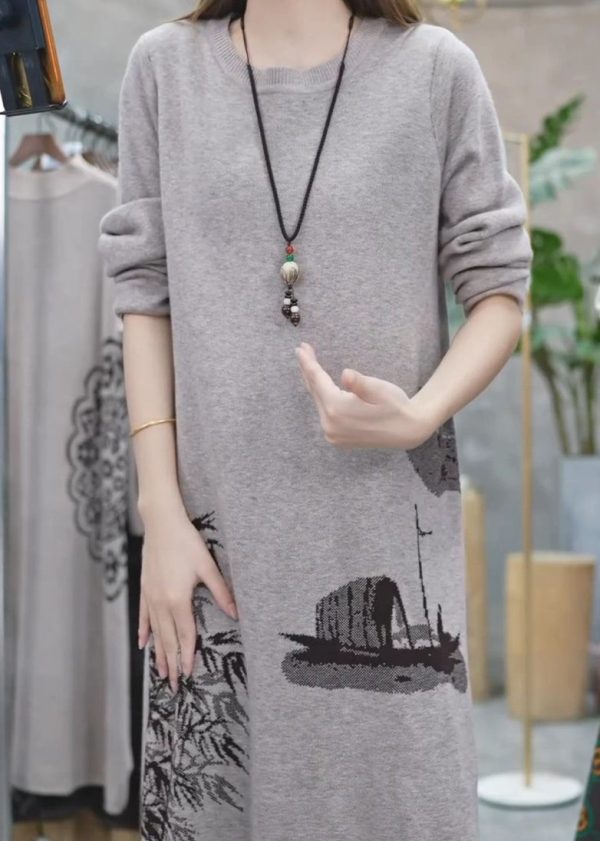 Women Grey O Neck Print Knit Sweater Dress Winter Sale - Image 5