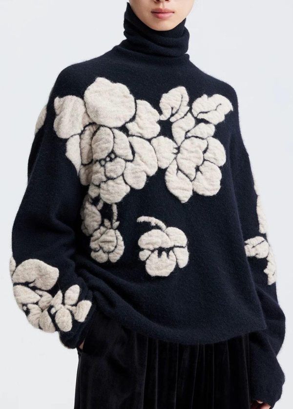 Jacquard Black Turtleneck Floral Wool Knit Sweaters Winter For Cheap