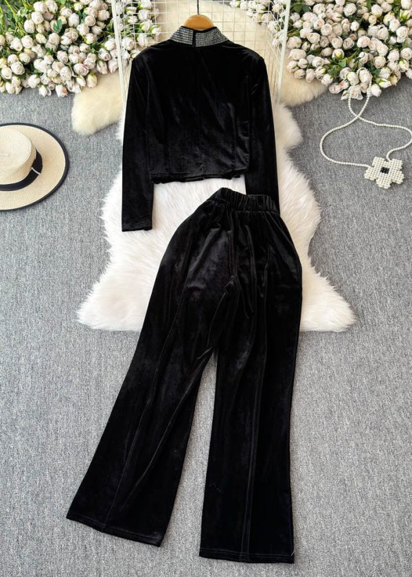 Boutique Black Patchwork Zircon Cardigans And Wide Leg Pants Two Pieces Set Spring Cheap - Image 3