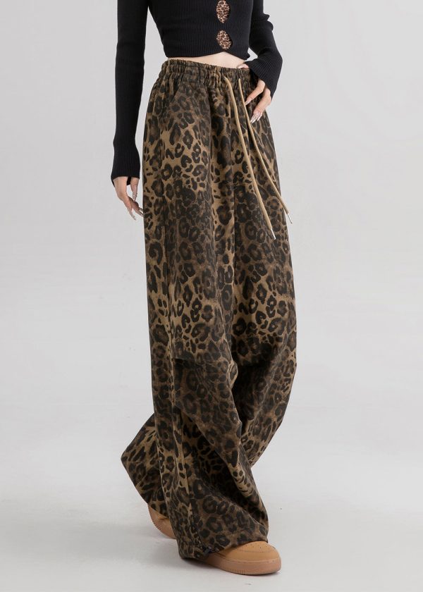 Natural Leopard Pockets Print Drawstring Straight Pants Spring Online Hot Sale - Image 4