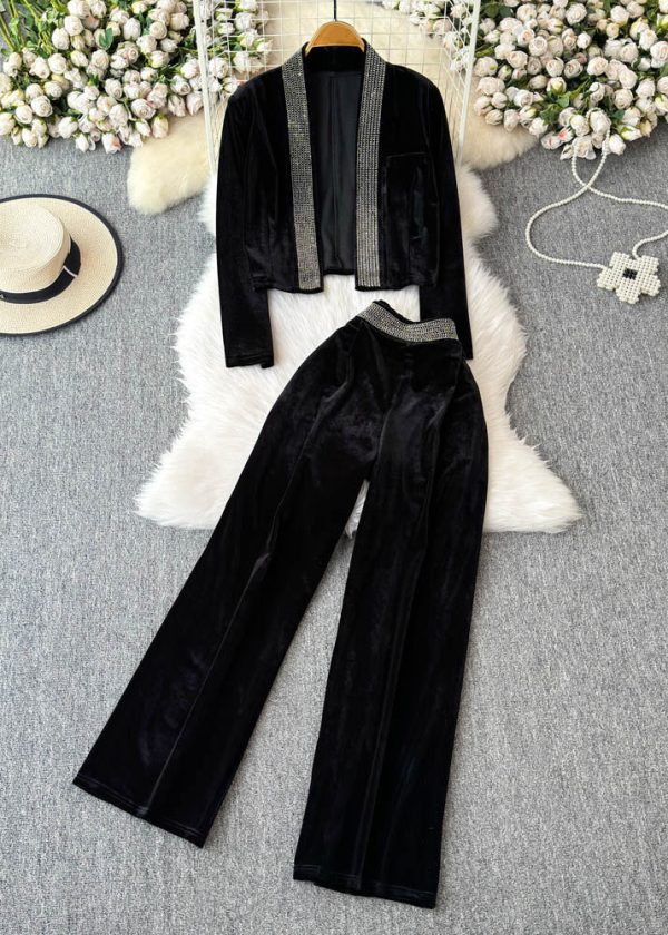 Boutique Black Patchwork Zircon Cardigans And Wide Leg Pants Two Pieces Set Spring Cheap