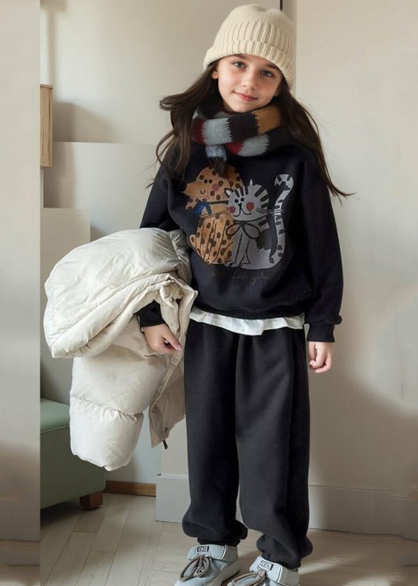 Casual Grey Print Warm Fleece Girls Sweatshirt And Lantern Pants Two Piece Set Spring Online Sale
