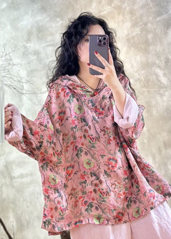 Plus Size Pink Oversized Print Linen Hooded Pullover Top Spring For Sale - Image 3