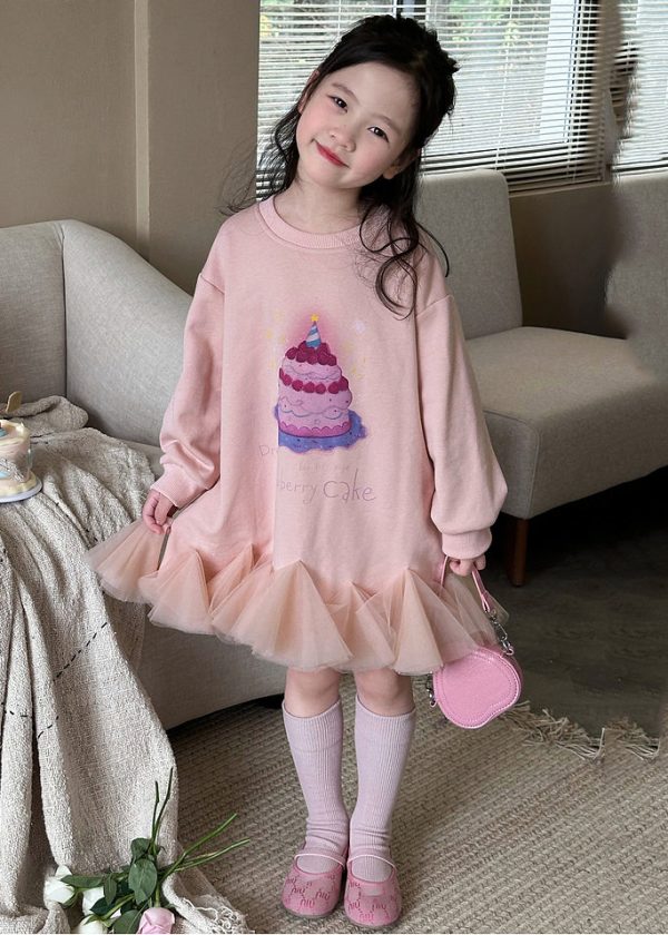 New Pink O-Neck Print Kids Long Dresses Spring Online Hot Sale - Image 2