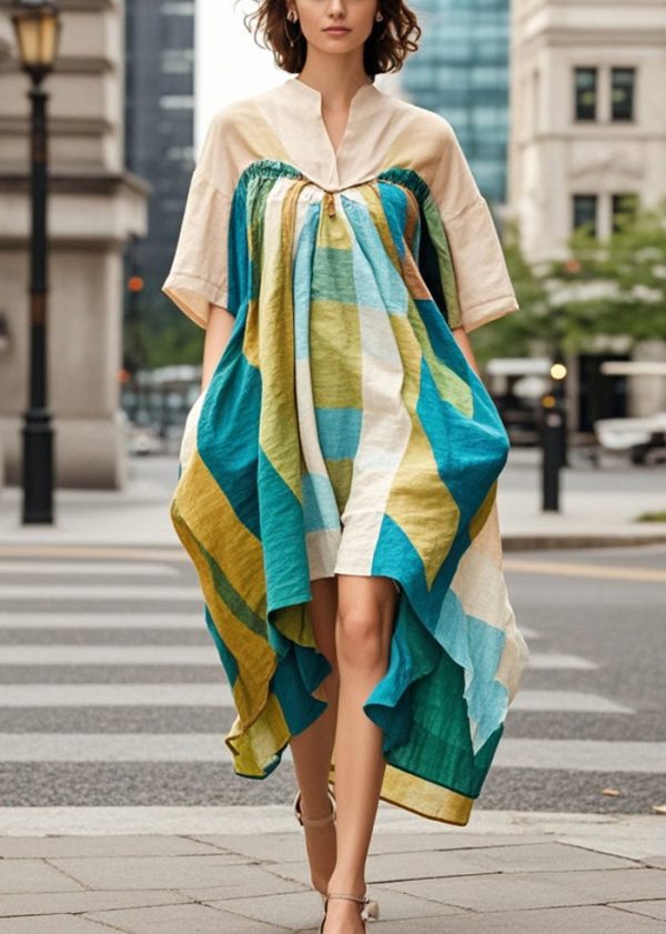 Beautiful Khaki Asymmetrical Print Cotton Robe Dresses Summer on Sale - Image 3