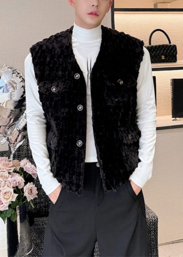 Classy Black V Neck Pockets Velour Men Waistcoat Sleeveless Discount