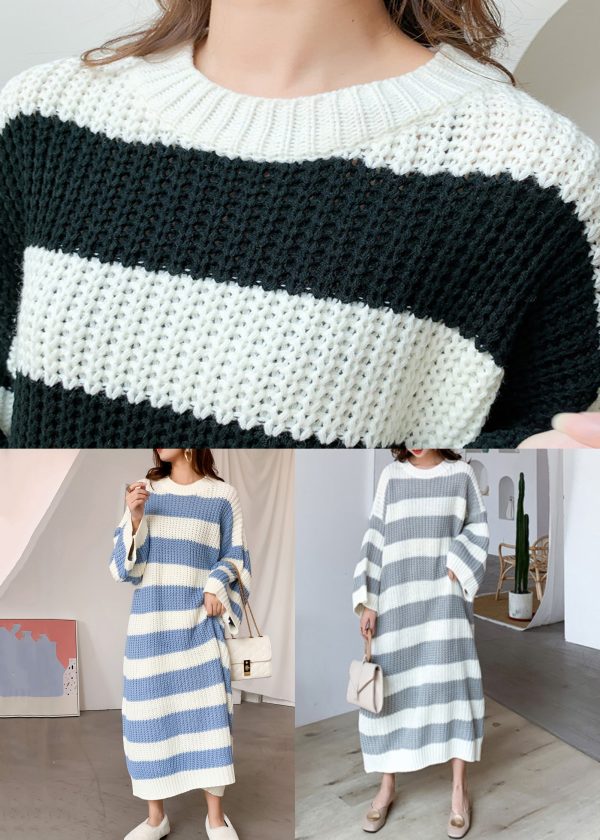 Grey Hollow Out Patchwork Knit Dress O Neck Spring For Cheap - Image 5