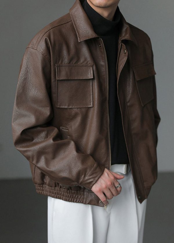 Loose Coffee Peter Pan Collar Pockets Faux Leather Men Coat Spring Online Hot Sale