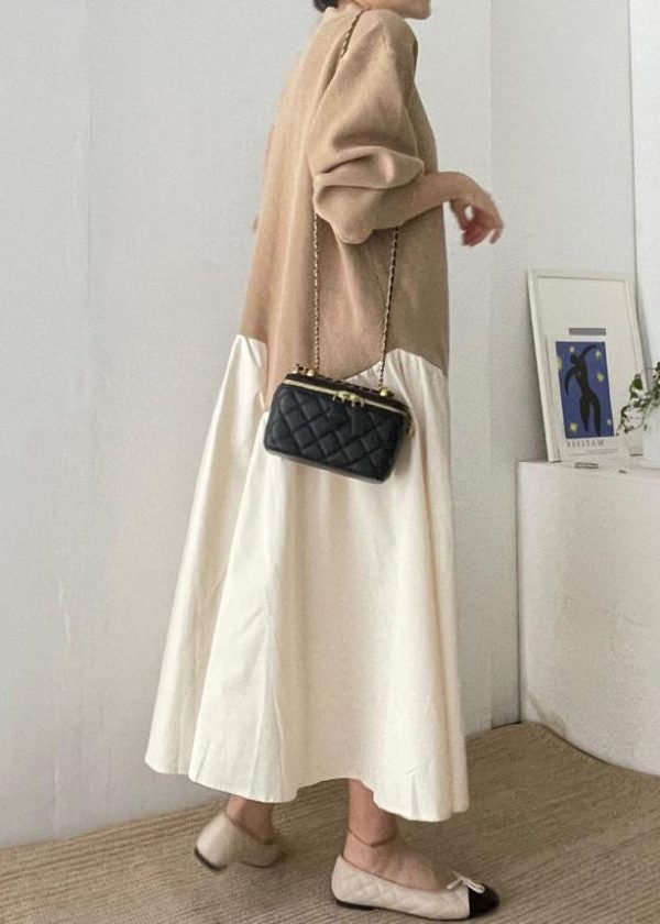 French Khaki Asymmetrical Patchwork Cotton Maxi Dresses Spring Online Sale - Image 4