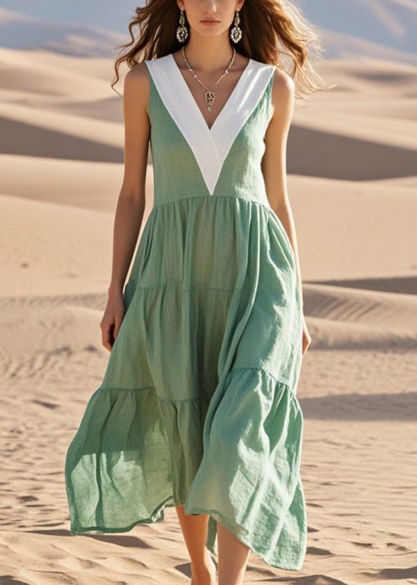 Style Green V Neck Patchwork Cotton Holiday Dress Sleeveless For Sale