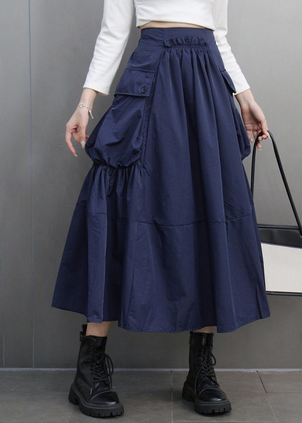Modern Navy Asymmetrical Pockets Patchwork Elastic Waist A Line Skirts Spring For Cheap - Image 3