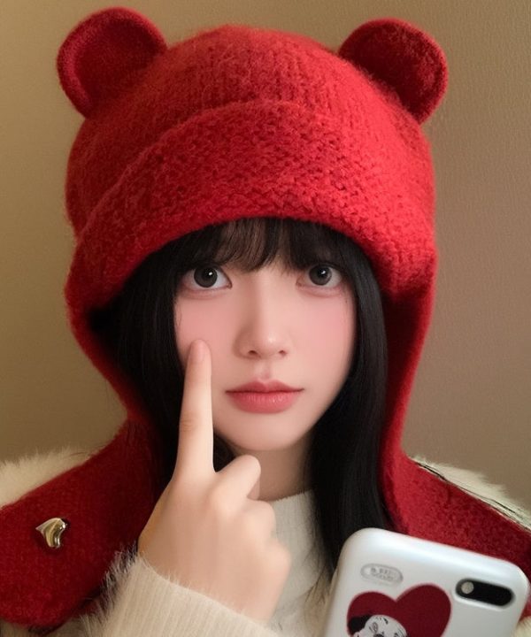 Fashion Red Thick Knit Ear Protection Warm Bonnie Hat Supply - Image 4