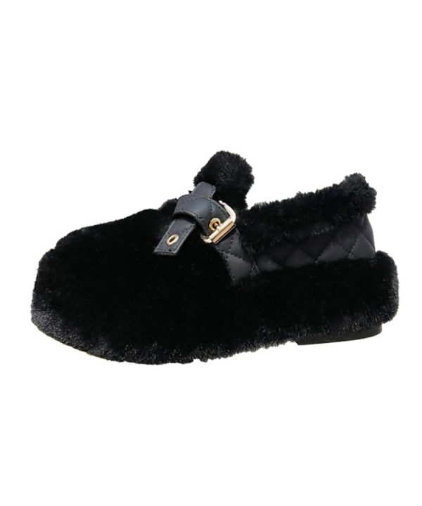 Black Fuzzy Wool Lined Platform Stylish Splicing Flat Shoes Supply - Image 5