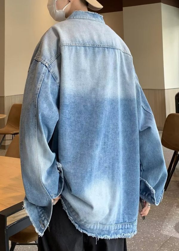 Blue Raw Edge Pockets Denim Mens Coats Stand Collar Spring Cheap - Image 4