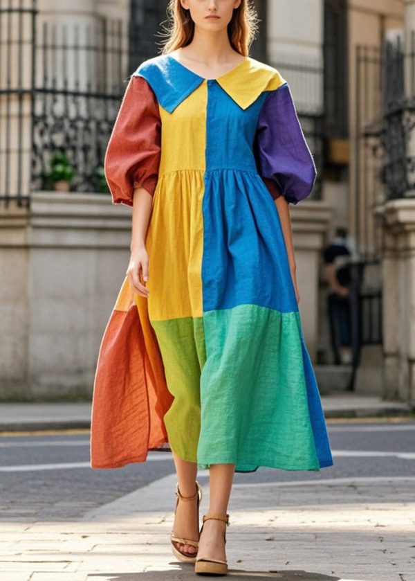 DIY Colorblock Patchwork Cotton Dress Oversized Half Sleeve For Discount - Image 3