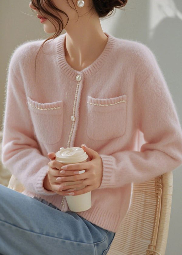 Art Pink O-Neck Button Pockets Knit Cardigan Spring Online Sale