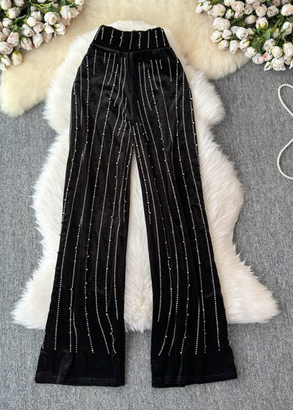 Fashion Mulberry Striped Zircon Silk Velvet Wide Leg Pants Spring Cheap - Image 3