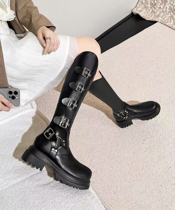 Stylish Black Belt Buckle Splicing Chunky Heel Boots For Sale
