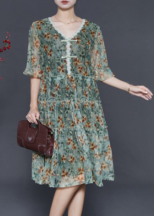 Classy Green Print Chiffon Day Dress Summer Cheap - Image 2