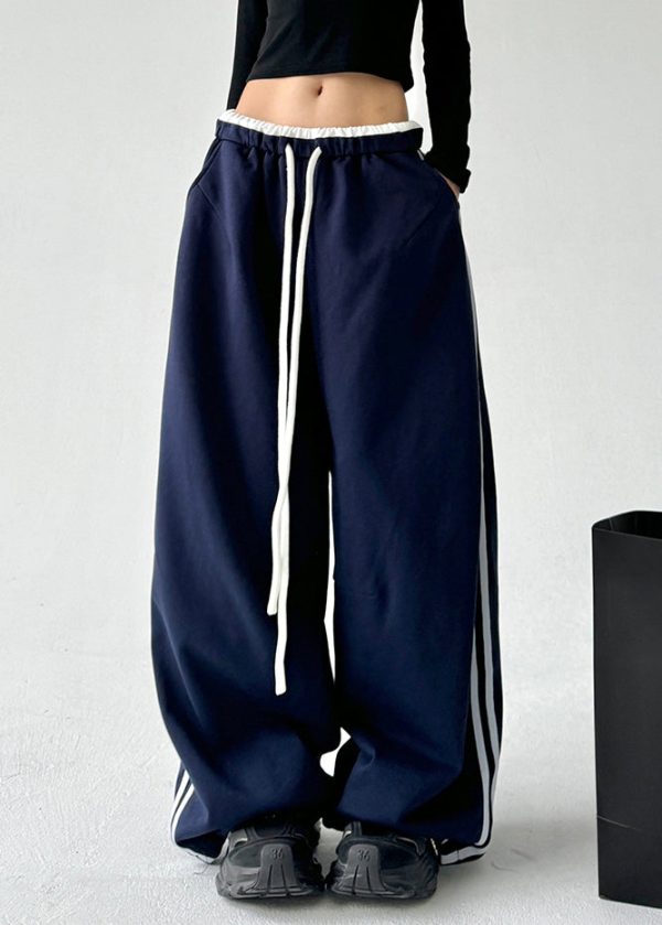 Boutique Navy Blue Drawstring Elastic Waist Wide Leg Pants Spring For Discount - Image 3