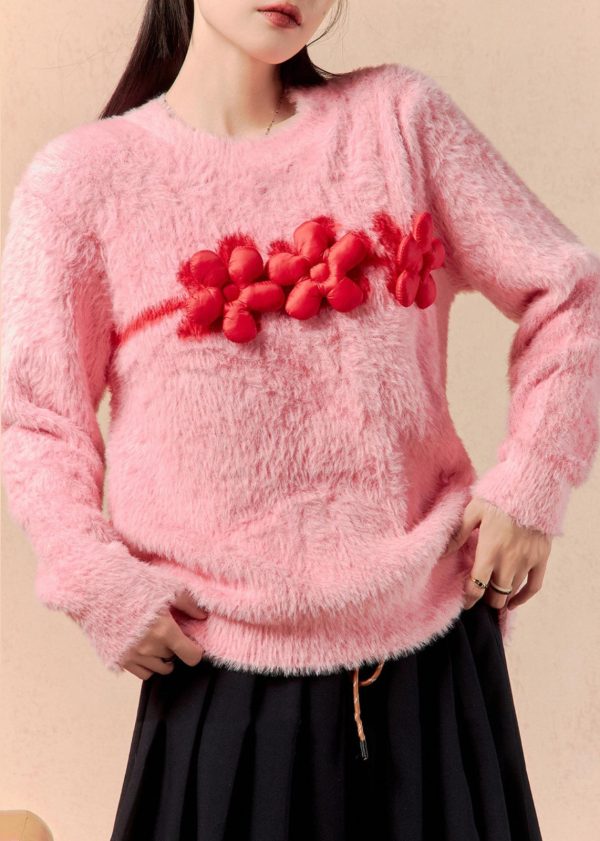 Women Pink O Neck Floral Mink Hair Knitted Sweaters Winter For Sale - Image 3