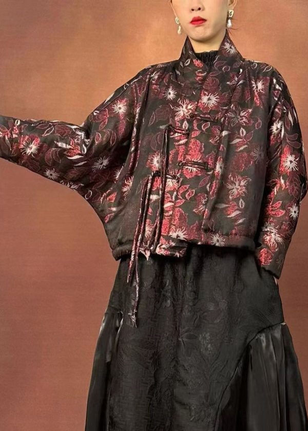Fine Black Stand Collar Print Tassel Parka Winter Online now - Image 2