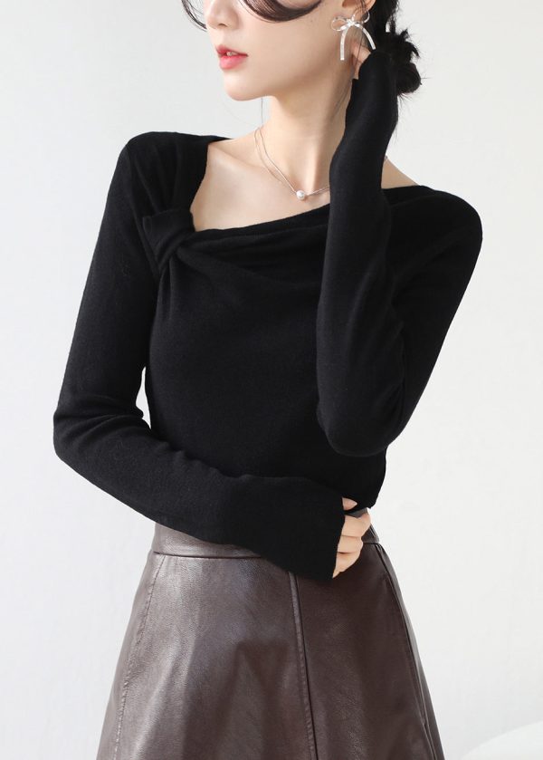 Black Knit Top Asymmetrical Wrinkled Slash Neck Spring Online now - Image 3