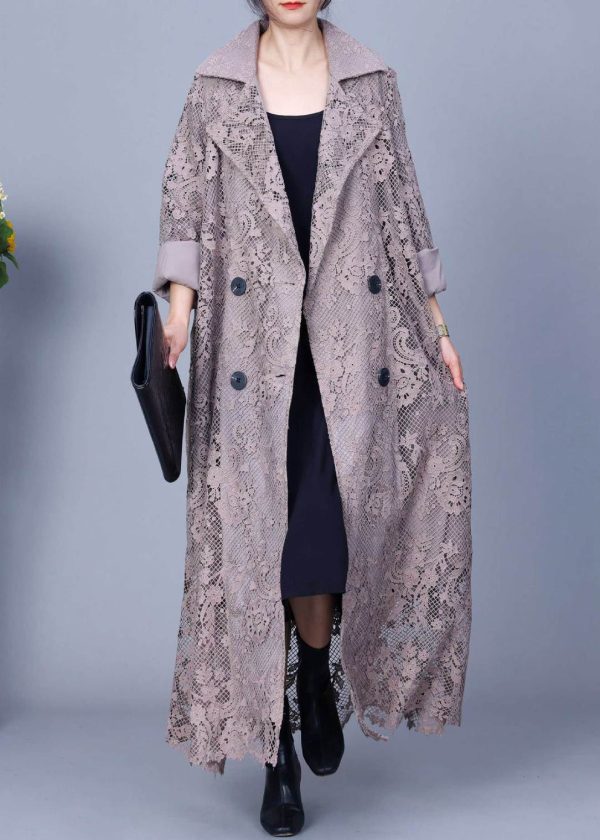 Loose Grey Notched Double Breast Lace Trench Coat Spring Cheap