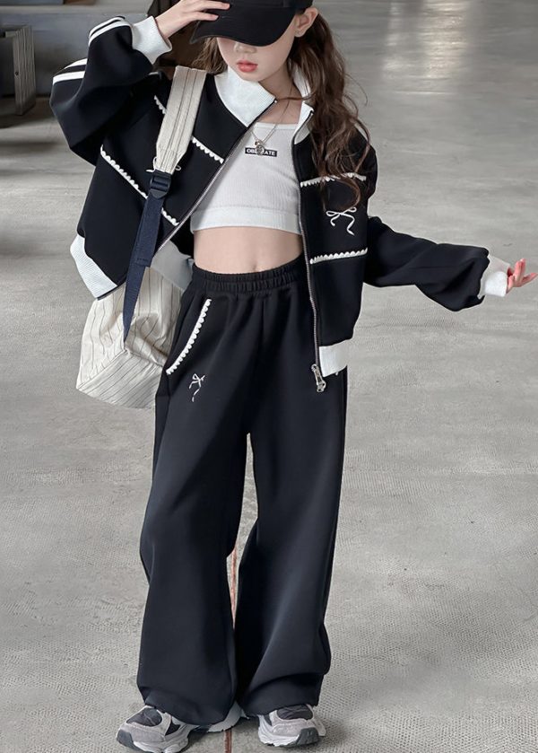 Boutique Grey Stand Collar Patchwork Girls Coats And Wide Leg Pants Two Pieces Sets Spring Online Hot Sale - Image 4