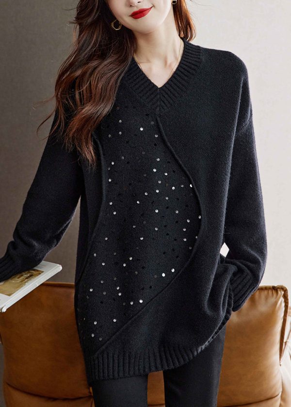 Unique Black V Neck Sequins Patchwork Woolen Sweater Spring Supply - Image 4