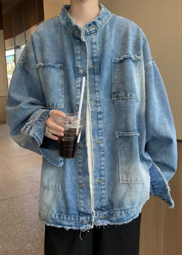 Blue Raw Edge Pockets Denim Mens Coats Stand Collar Spring Cheap