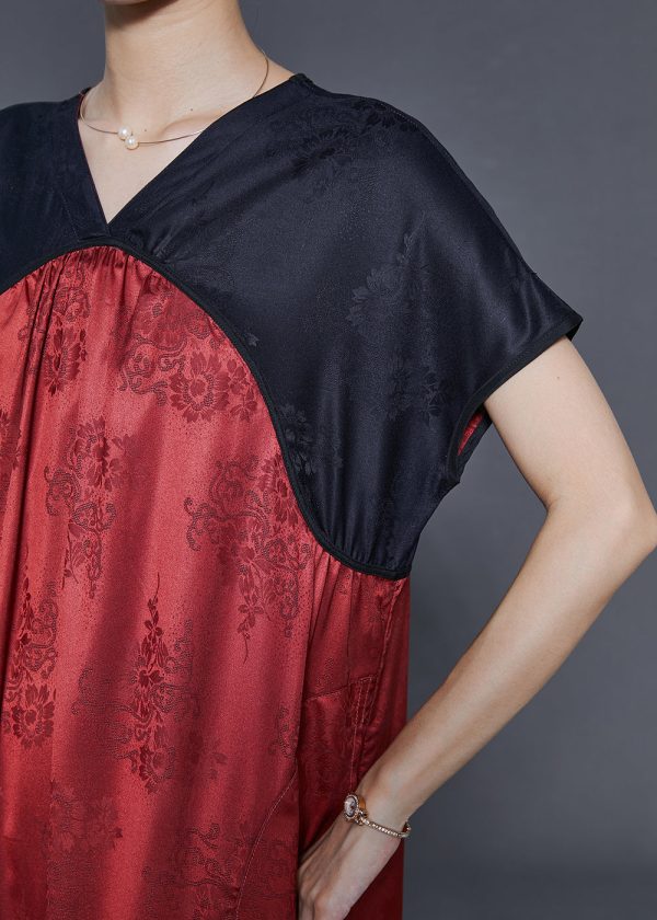 Boho Red V Neck Patchwork Silk Dresses Summer Fashion - Image 5