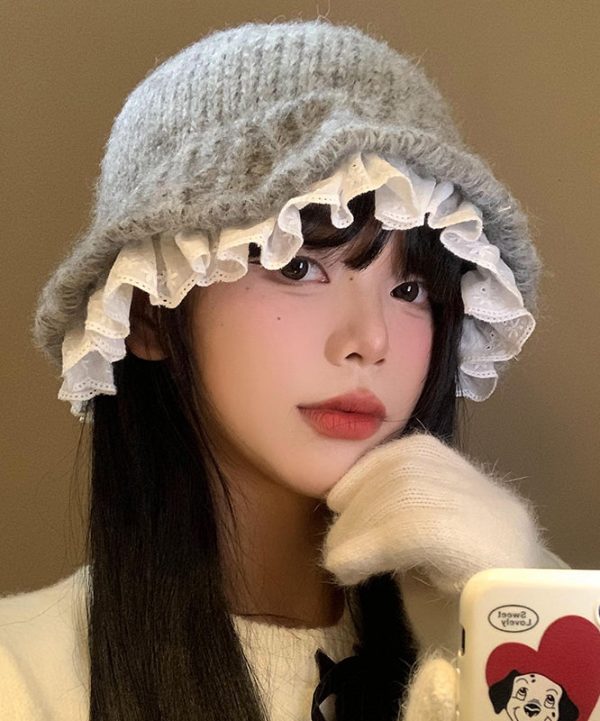 Fashion Black Lace Patchwork Knit Bucket Hat Fashion - Image 2
