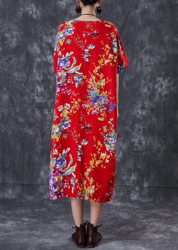 Vintage Red Print Cotton Maxi Dress Oversized Summer Online - Image 4