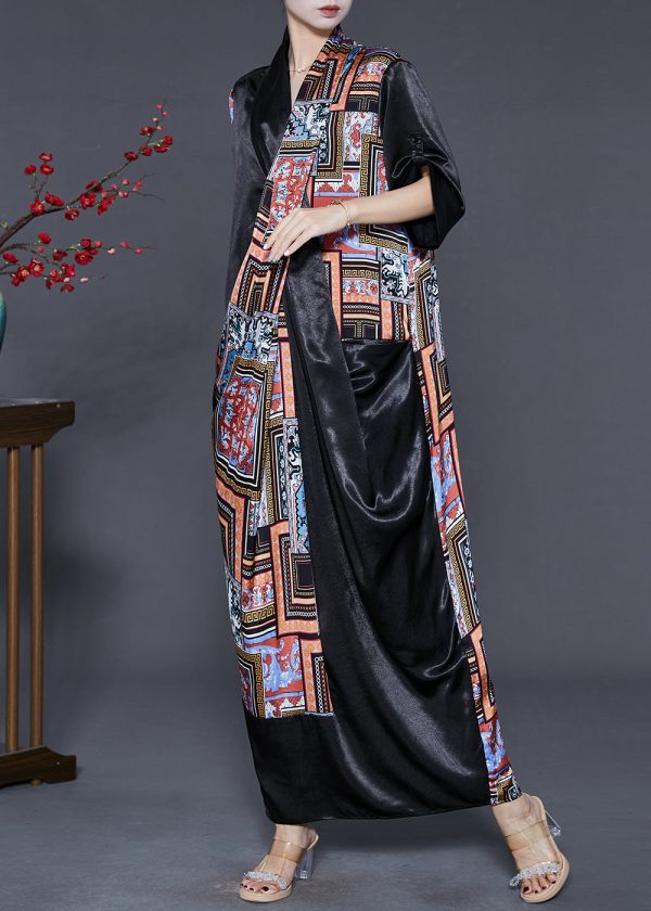 Natural Black Asymmetrical Print Silk Dress Spring Supply