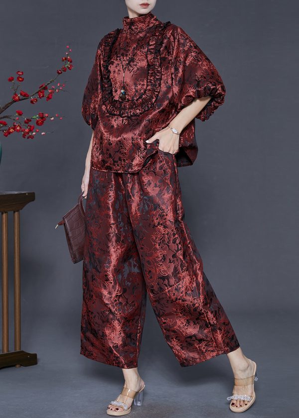 French Caramel Stand Collar Ruffled Jacquard Silk Two Pieces Set Summer For Cheap - Image 2