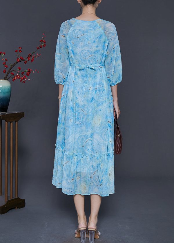 Chic Blue Ruffled Print Chiffon Maxi Dresses Bracelet Sleeve on Sale - Image 4