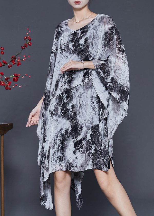 Ink Wash Painting Chiffon Holiday Dress Asymmetrical Design Summer on Sale - Image 3