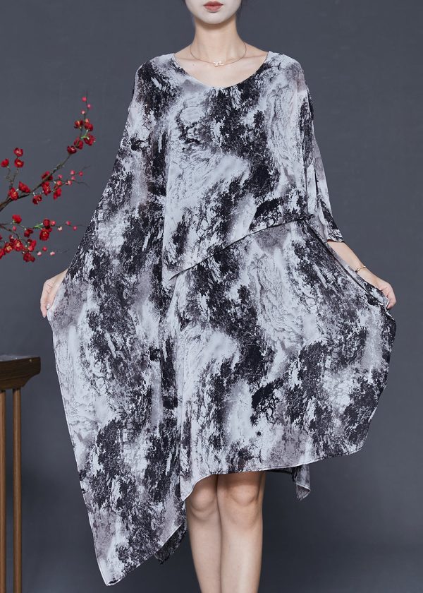 Ink Wash Painting Chiffon Holiday Dress Asymmetrical Design Summer on Sale