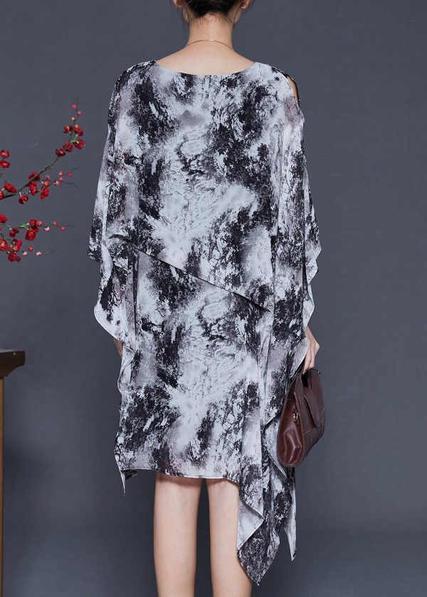 Ink Wash Painting Chiffon Holiday Dress Asymmetrical Design Summer on Sale - Image 4
