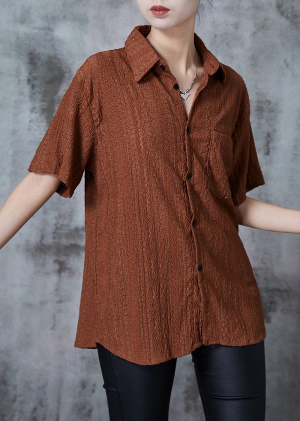 Caramel Hollow Out Cotton Shirt Top Embroidered Summer Supply - Image 2