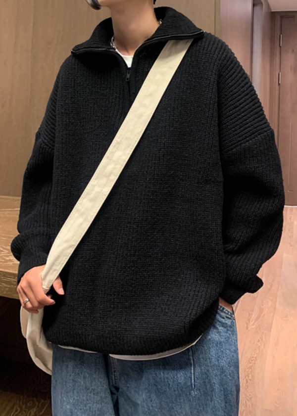 Loose Grey Zip Up Solid Knit Men Sweater Turtleneck Winter on Sale - Image 2