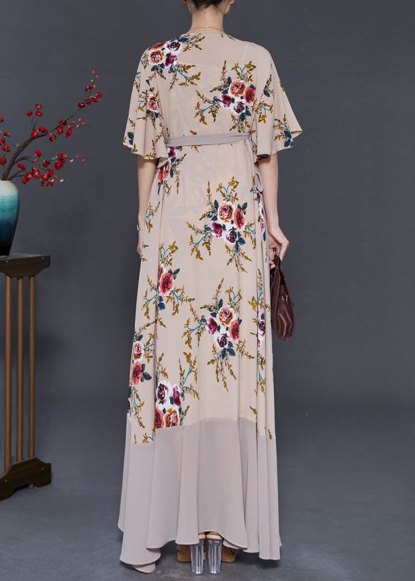 Apricot Print Chiffon Long Dresses Exra Large Hem Cloak Sleeves Fashion - Image 4