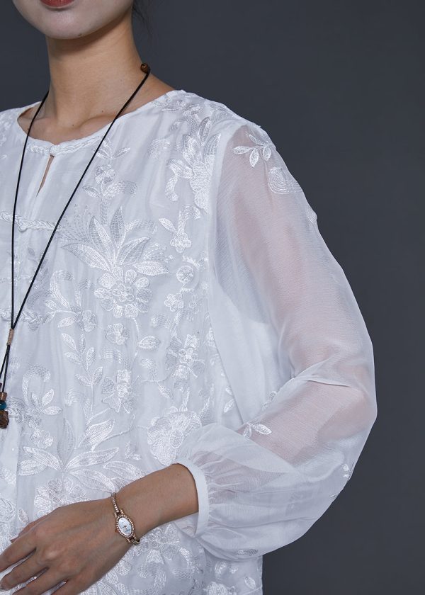 Beautiful White Embroidered Silk Women Sets 2 Pieces Summer Online - Image 5