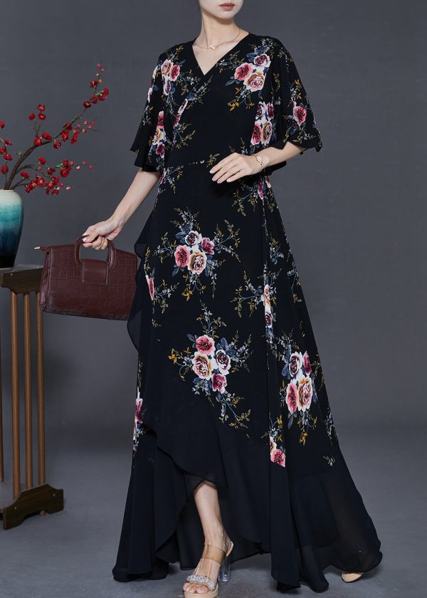 Elegant Black Asymmetrical Print Chiffon Maxi Dresses Summer Online Hot Sale