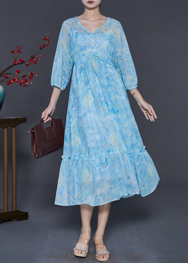 Chic Blue Ruffled Print Chiffon Maxi Dresses Bracelet Sleeve on Sale