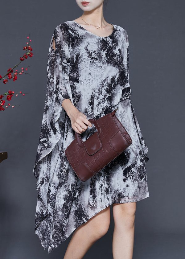 Ink Wash Painting Chiffon Holiday Dress Asymmetrical Design Summer on Sale - Image 2