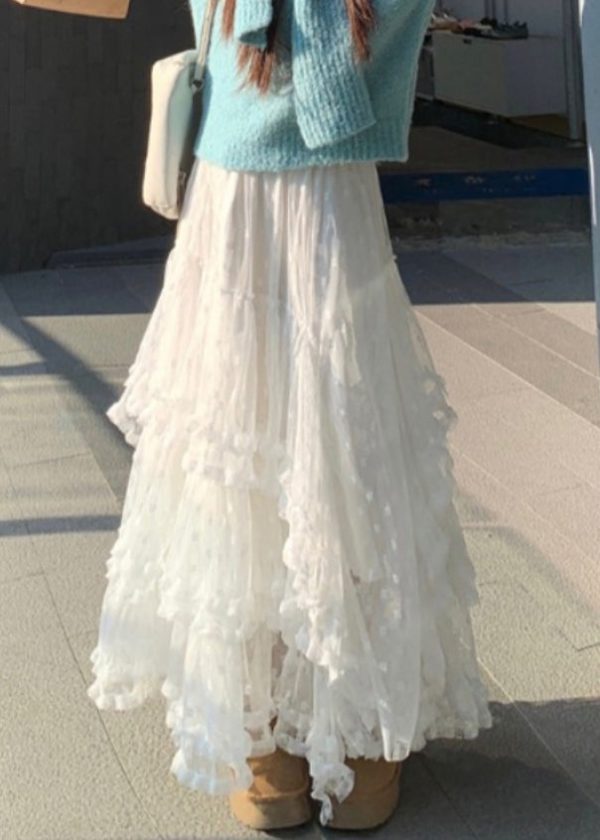 French White Ruffled High Waist Lace Skirts Spring Hot on Sale - Image 2